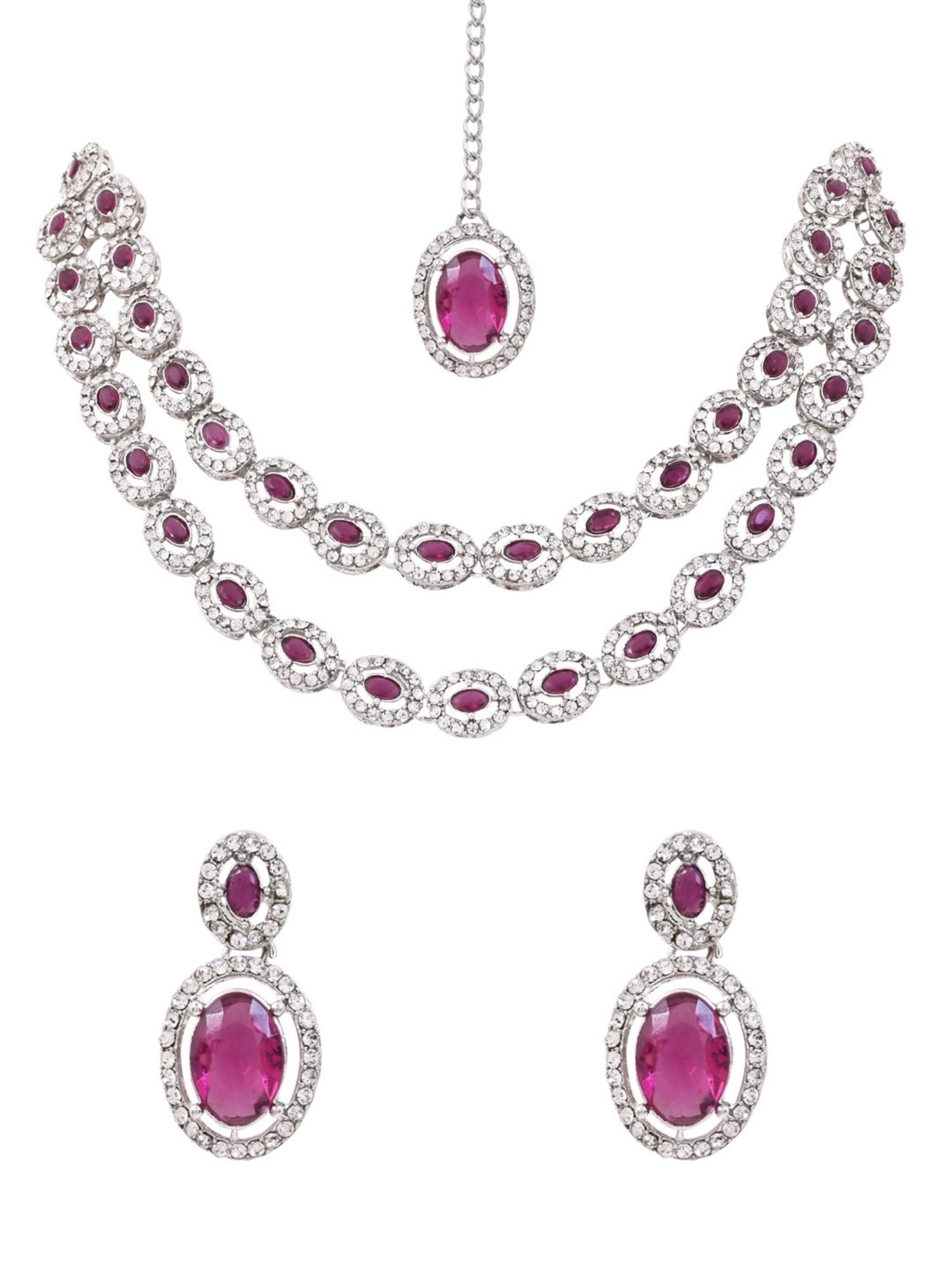 Etnico Silver Plated Stylish Design Crystal Diamond Oval Shape Necklace With Earrings & Maang Tikka Jewellery Set for Women (IJ405ZWi)