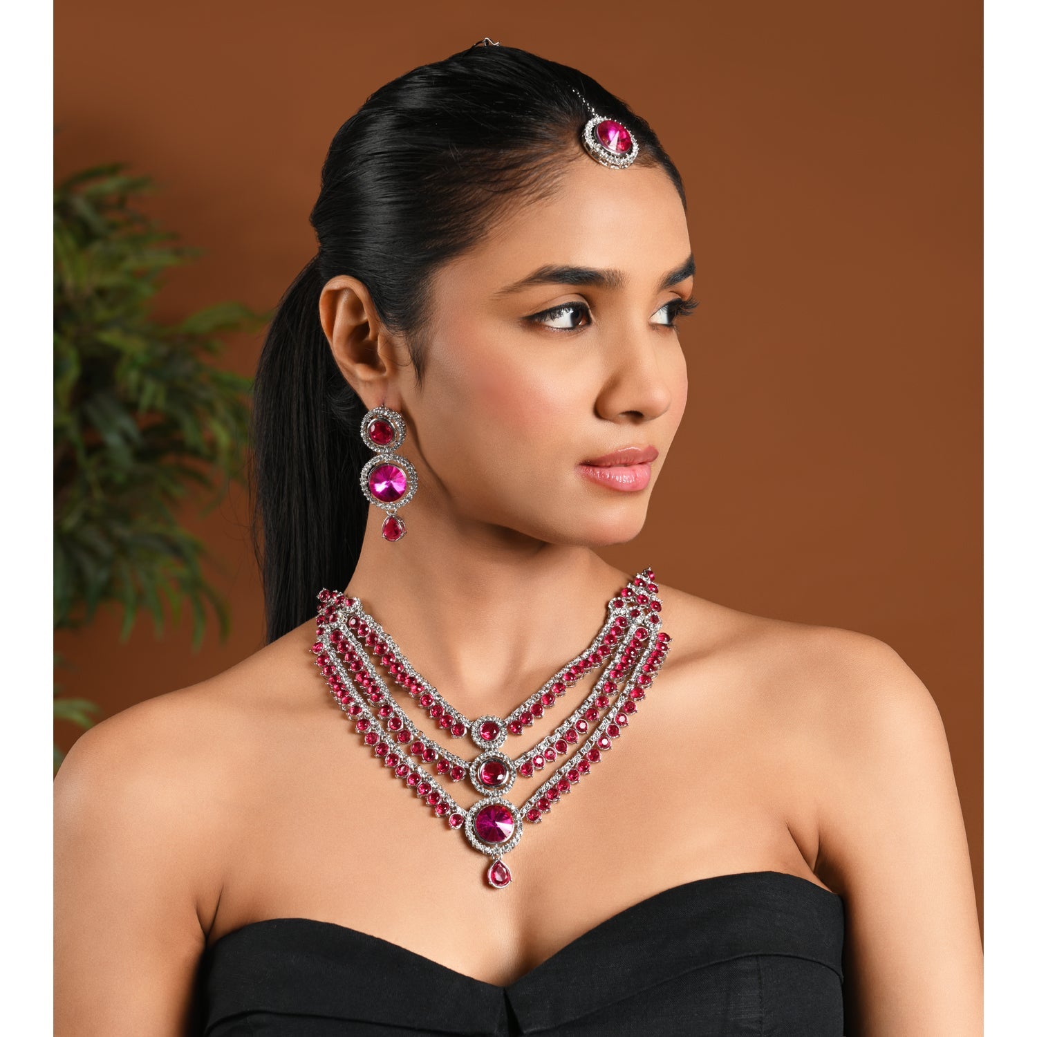 Etnico Silver Plated Traditional Multi-Layer Round Stone Necklace Jewellery With Earrings & Maang Tikka Set for Women (Silver Dark Pink)