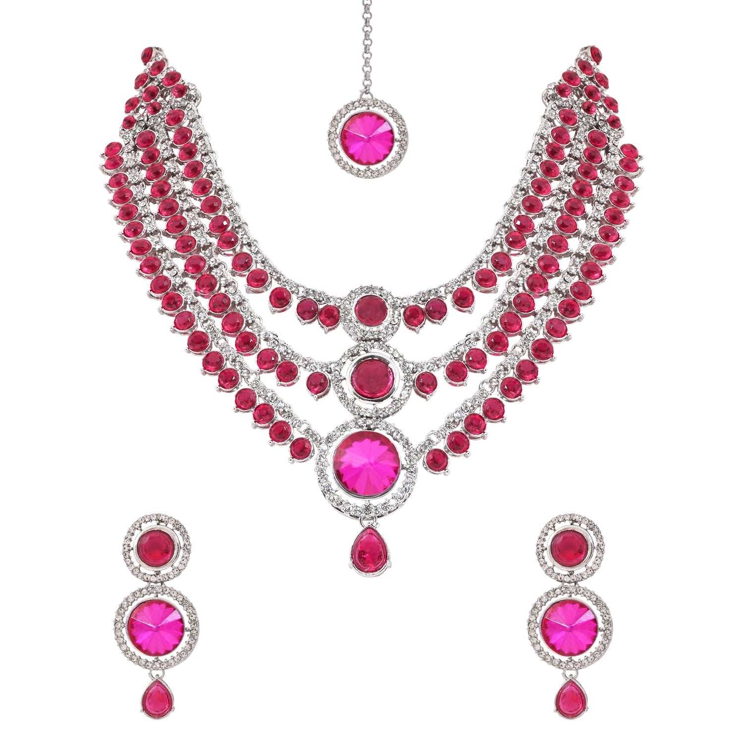 Etnico Silver Plated Traditional Multi-Layer Round Stone Necklace Jewellery With Earrings & Maang Tikka Set for Women (Silver Dark Pink)