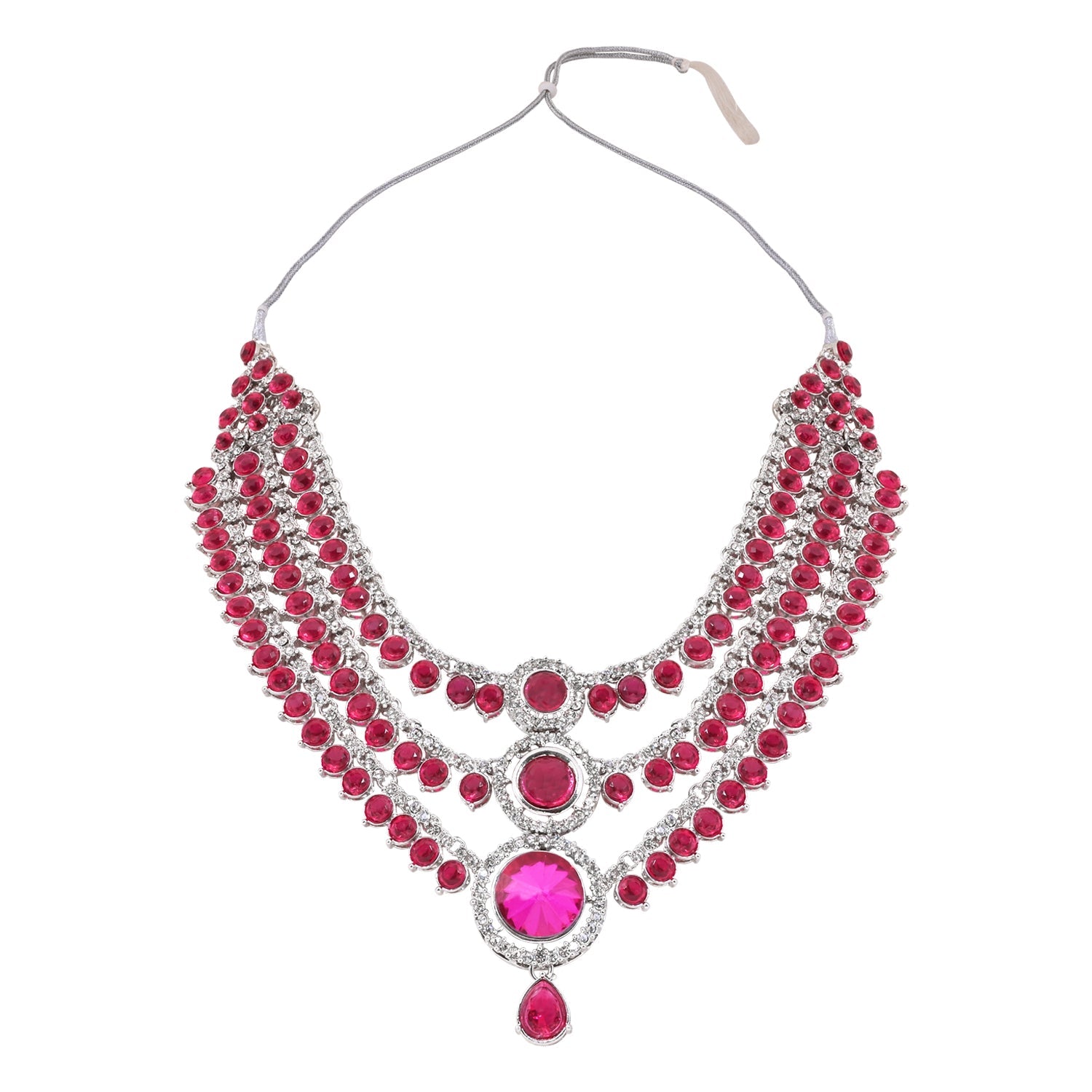 Etnico Silver Plated Traditional Multi-Layer Round Stone Necklace Jewellery With Earrings & Maang Tikka Set for Women (Silver Dark Pink)