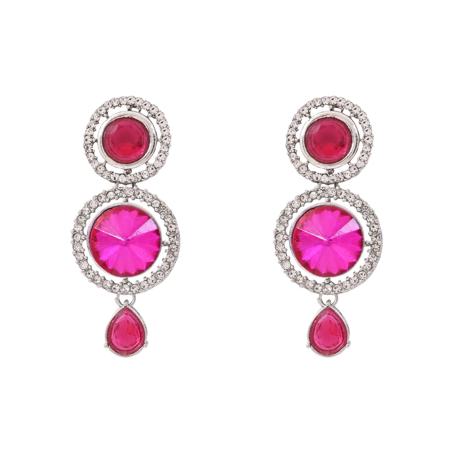 Etnico Silver Plated Traditional Multi-Layer Round Stone Necklace Jewellery With Earrings & Maang Tikka Set for Women (Silver Dark Pink)