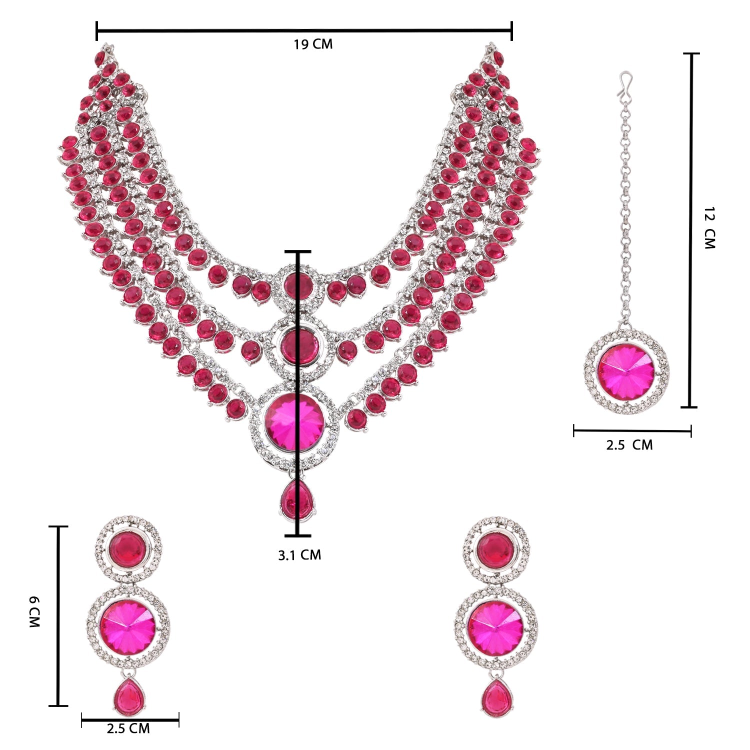 Etnico Silver Plated Traditional Multi-Layer Round Stone Necklace Jewellery With Earrings & Maang Tikka Set for Women (Silver Dark Pink)