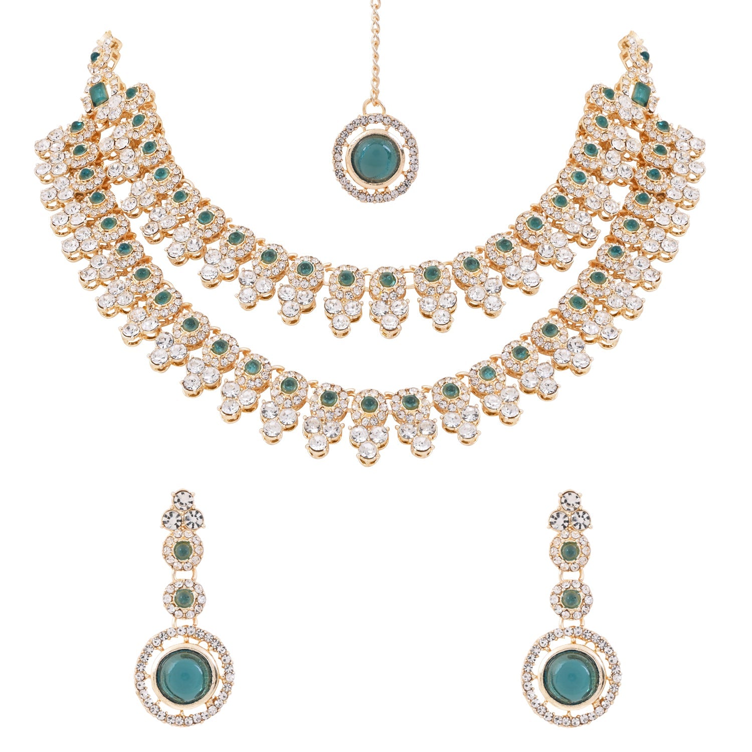 Etnico Gold Plated Stylish Design Crystal Diamond Necklace With Earrings & Maang Tikka Jewellery Set for Women (Green)