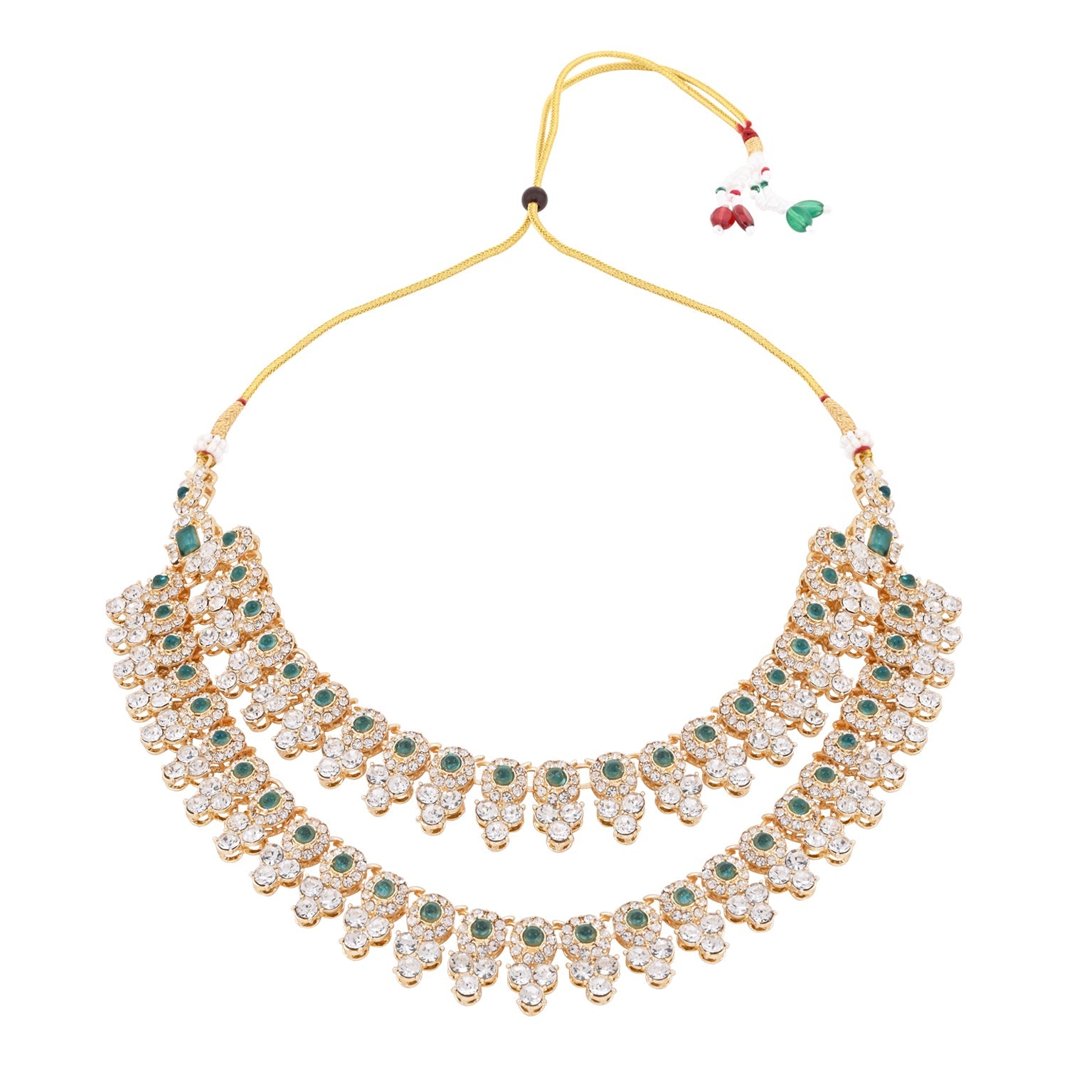 Etnico Gold Plated Stylish Design Crystal Diamond Necklace With Earrings & Maang Tikka Jewellery Set for Women (Green)