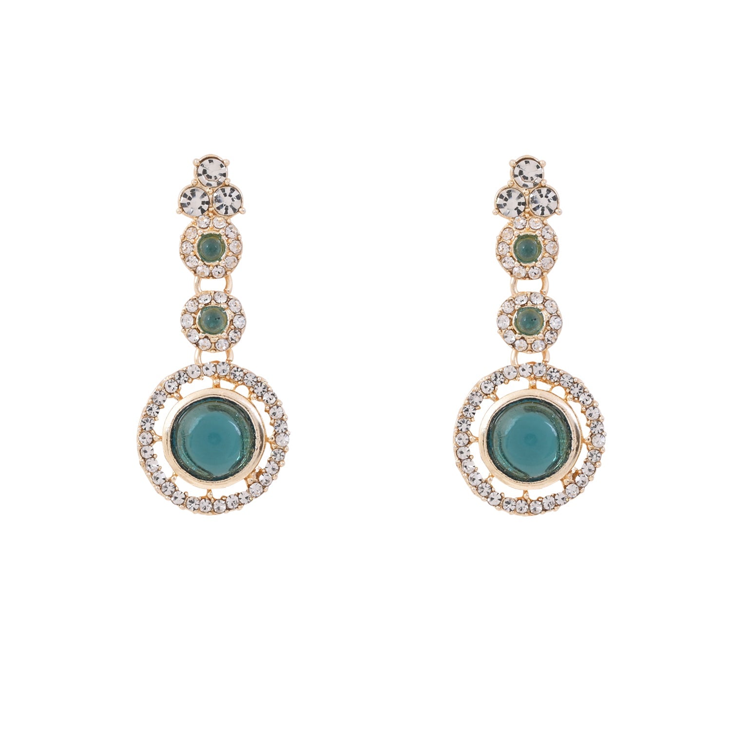 Etnico Gold Plated Stylish Design Crystal Diamond Necklace With Earrings & Maang Tikka Jewellery Set for Women (Green)