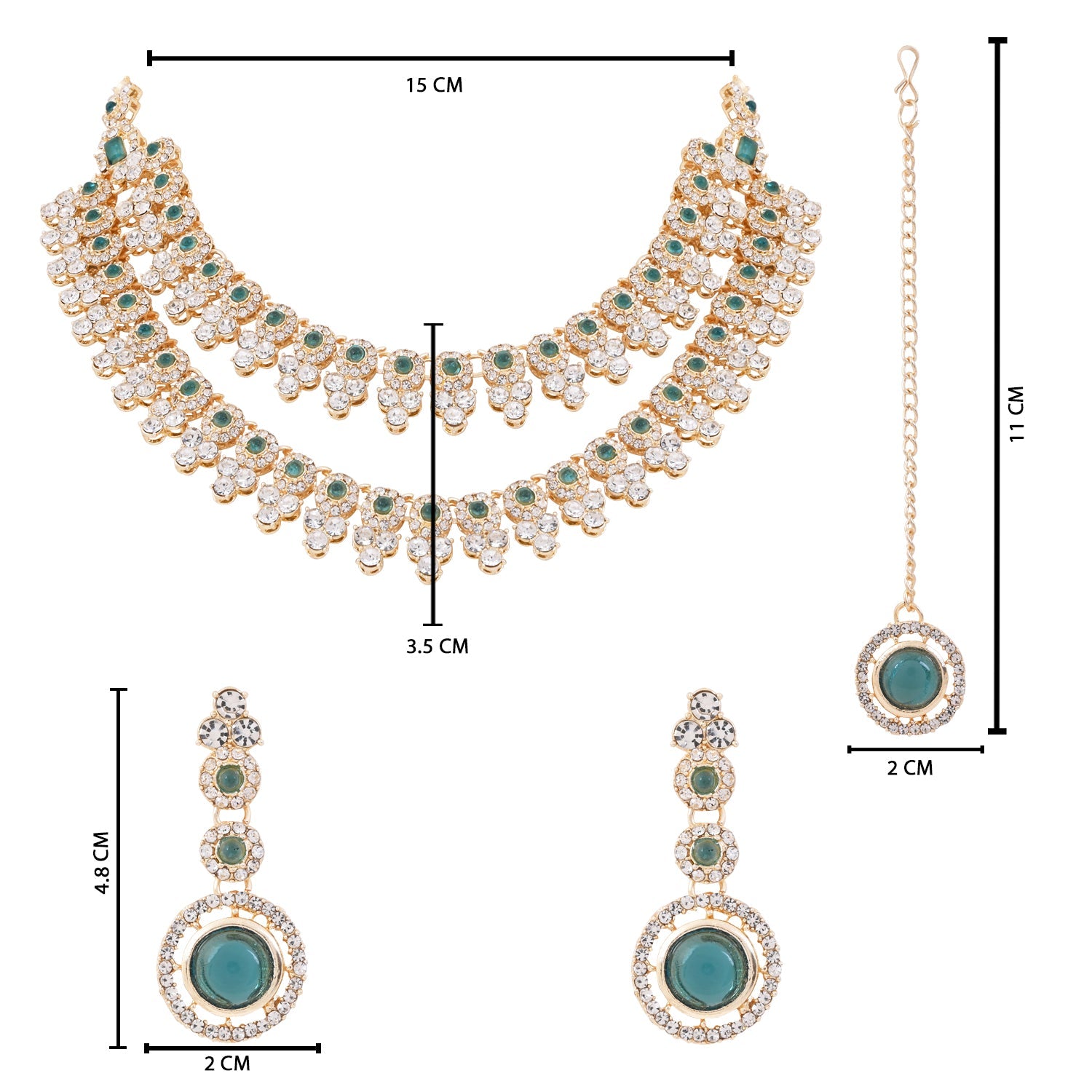 Etnico Gold Plated Stylish Design Crystal Diamond Necklace With Earrings & Maang Tikka Jewellery Set for Women (Green)