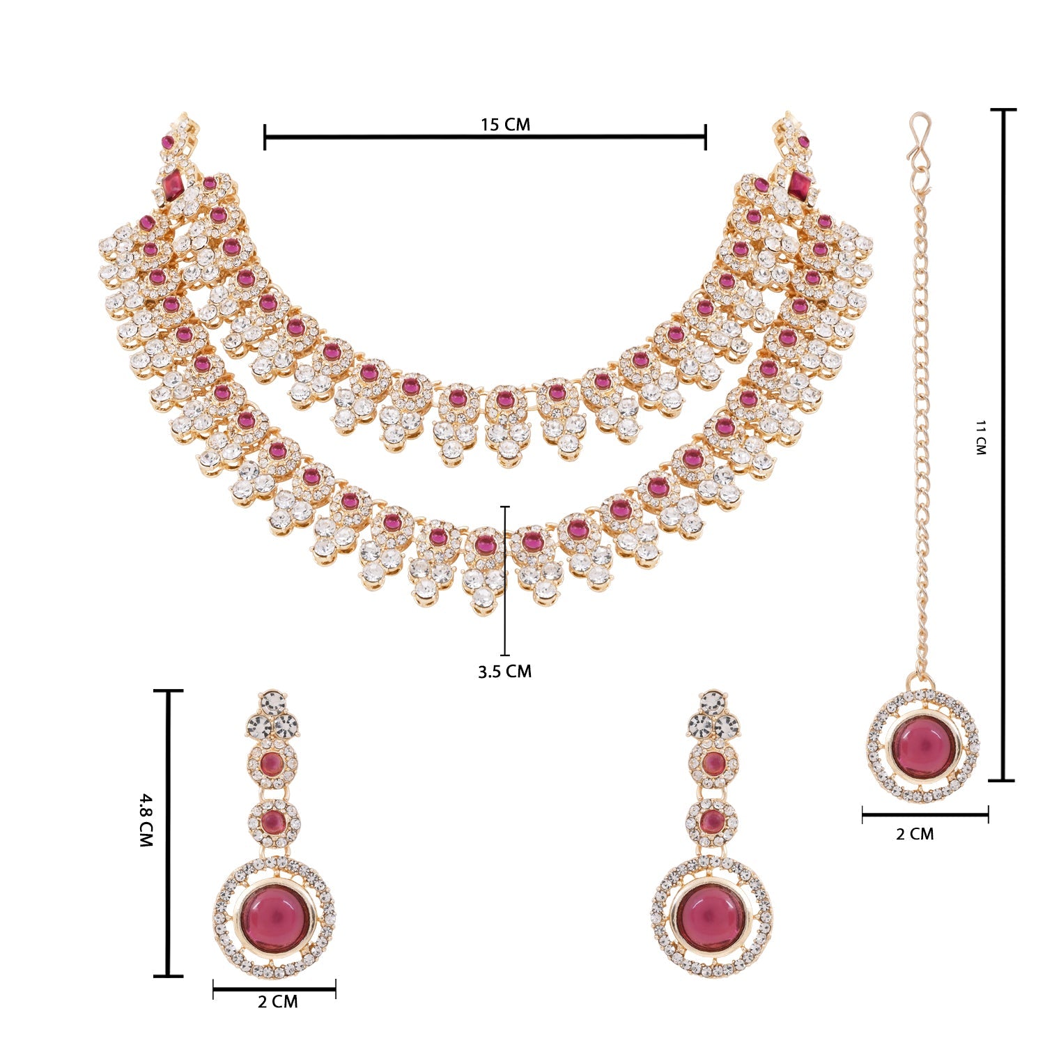 Etnico Gold Plated Stylish Design Crystal Diamond Necklace With Earrings & Maang Tikka Jewellery Set for Women (IJ415Wi)