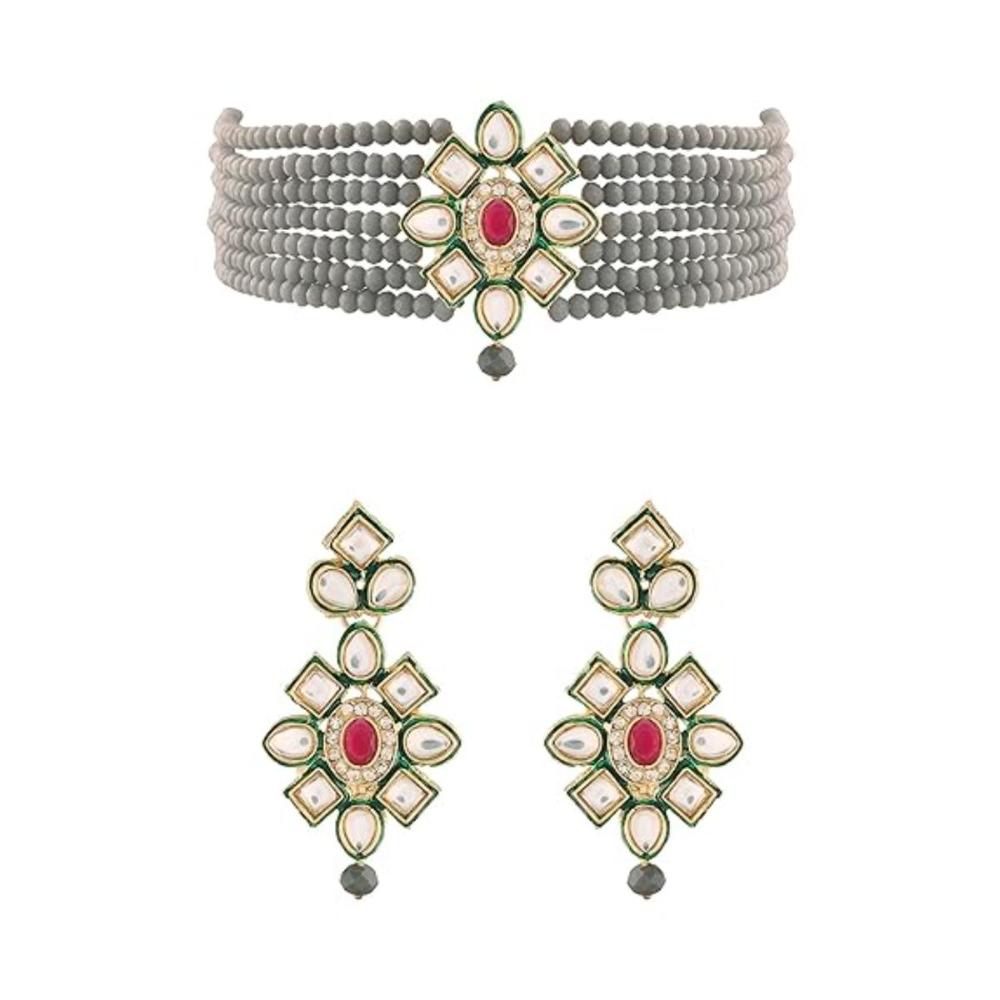 Etnico Gold Plated Traditional Choker Set Glided With Kundan & Beads For Women/Girls (K7207Gr)