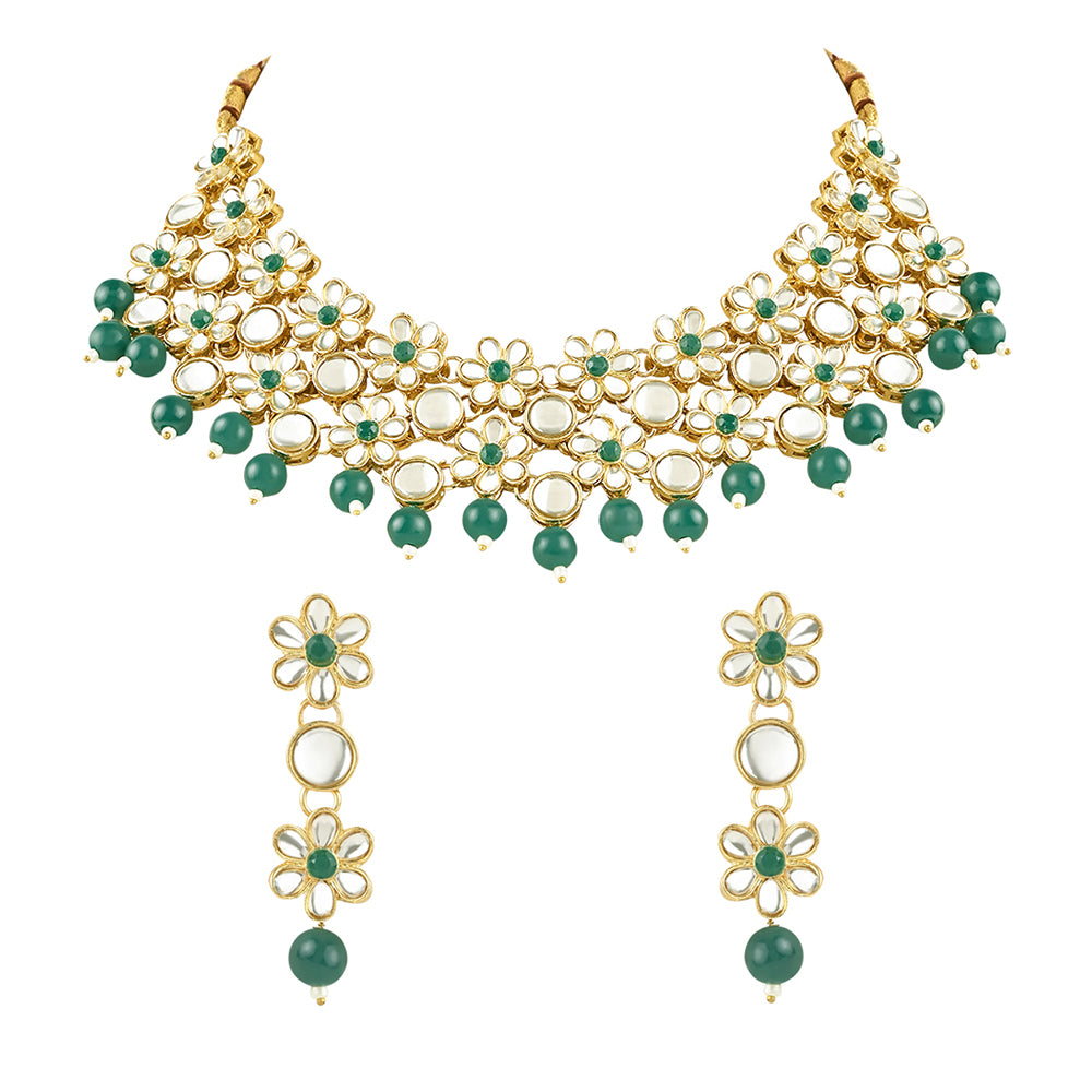 Etnico Gold Plated Traditional Kundan & Pearls Choker Necklace & Earring Ethnic Jewellery Set for Women & Girls(K7229G)