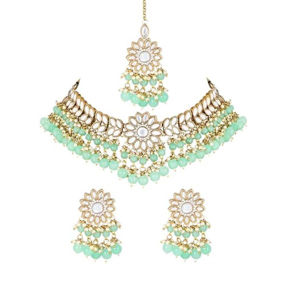 Etnico 18K Gold Plated Traditional Kundan Studded Mint Pearl Hanging Choker Necklace Jewellery Set With Earrings & Maang Tikka For Women & Girls (K7232Min)
