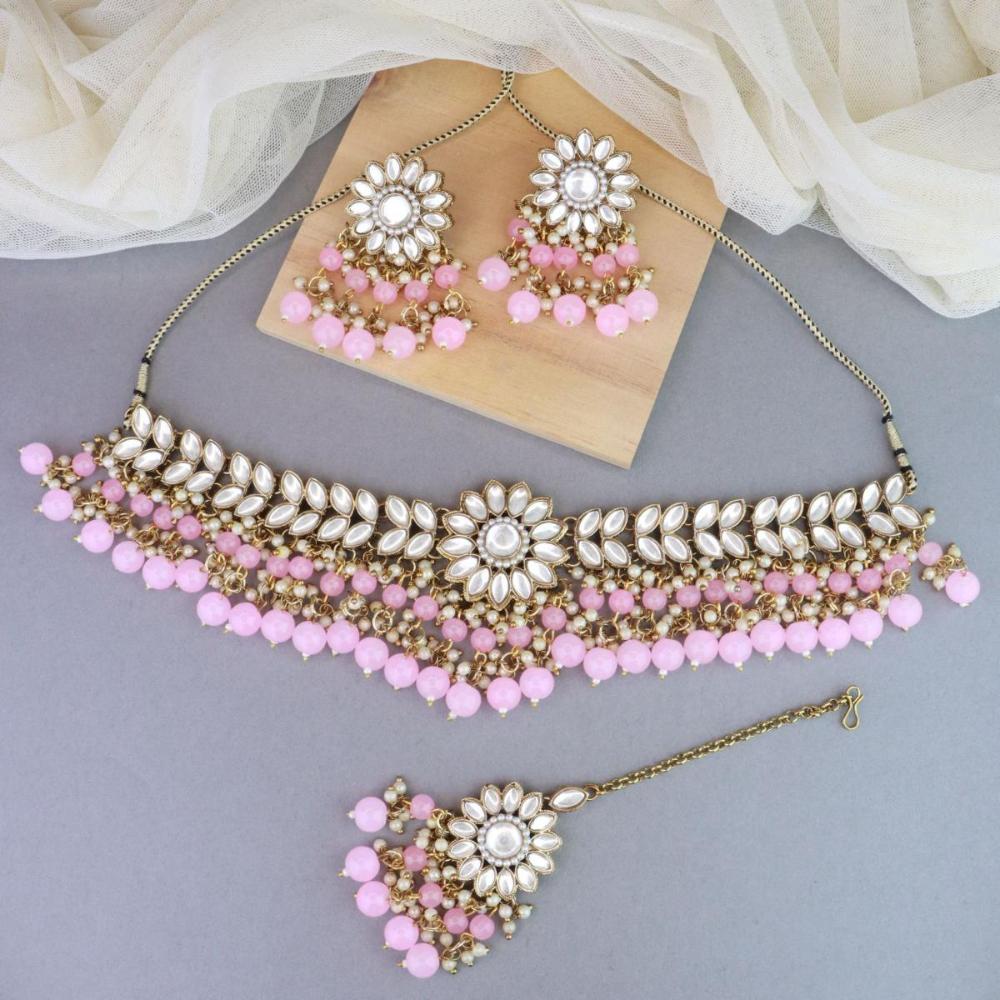 Etnico 18K Gold Plated Traditional Kundan Studded Pink Pearl