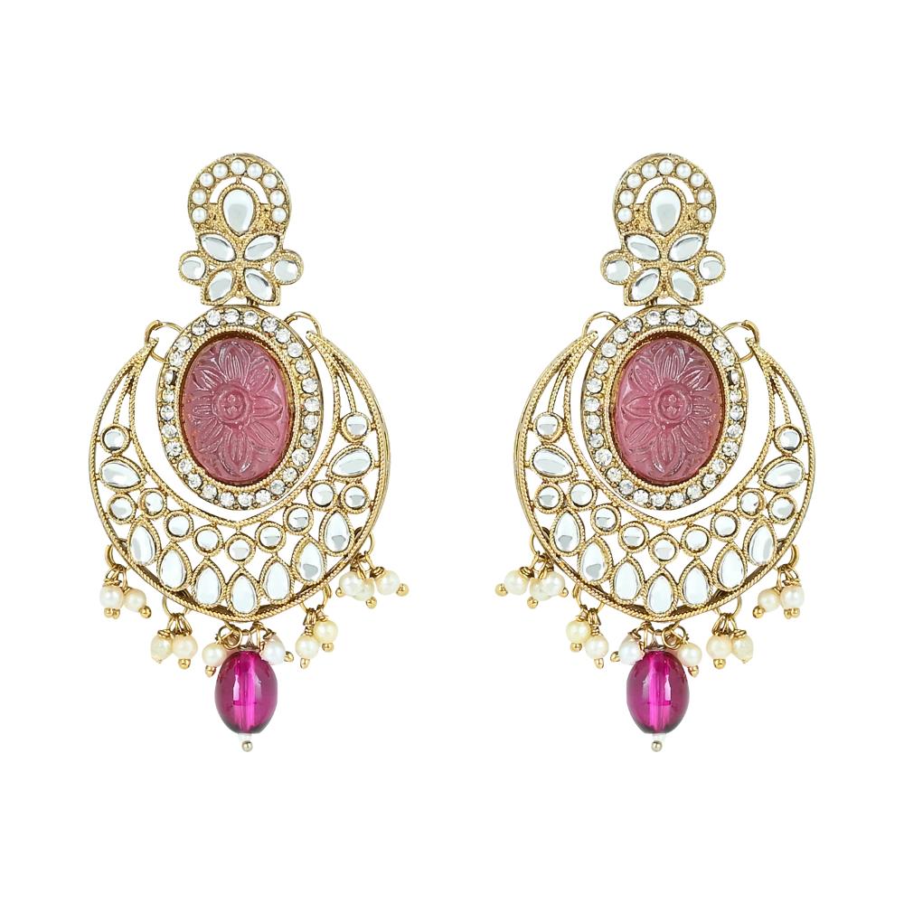 Etnico Gold Plated Traditional Red Pearl Kundan & Stone Studded Jewellery Necklace Set with Maang Tikka for Women (K7233Pu)