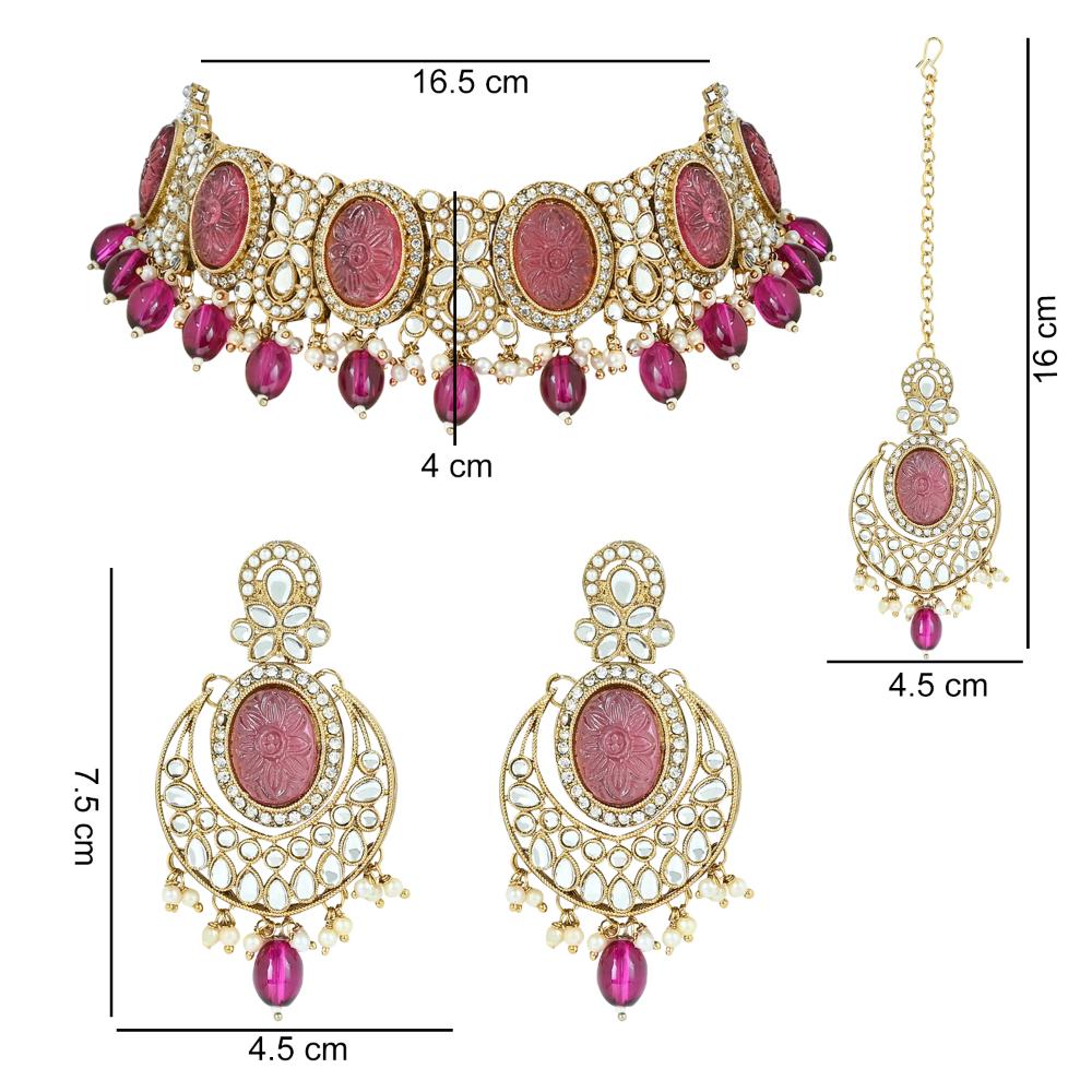 Etnico Gold Plated Traditional Red Pearl Kundan & Stone Studded Jewellery Necklace Set with Maang Tikka for Women (K7233Pu)