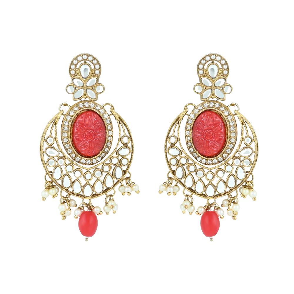 Etnico Gold Plated Traditional Red Pearl Kundan & Stone Studded Jewellery Necklace Set with Maang Tikka for Women (K7233R)