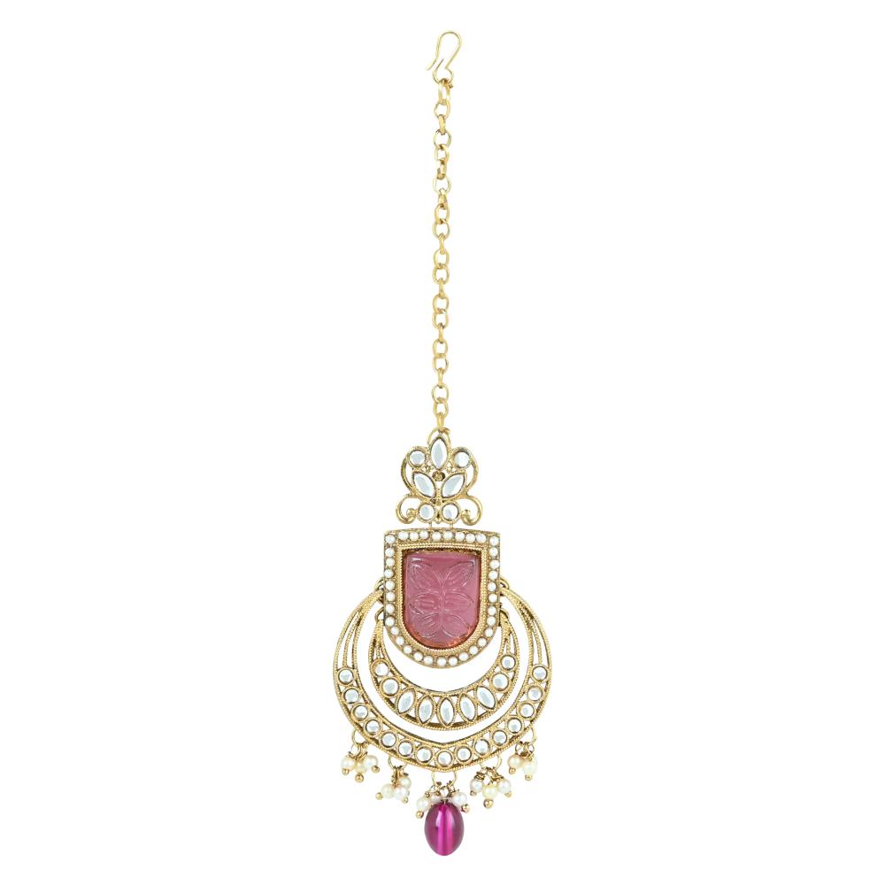 Etnico Gold Plated Traditional Pearl Kundan & Stone Studded Jewellery Necklace Set with Maang Tikka for Women (K7234Pu)