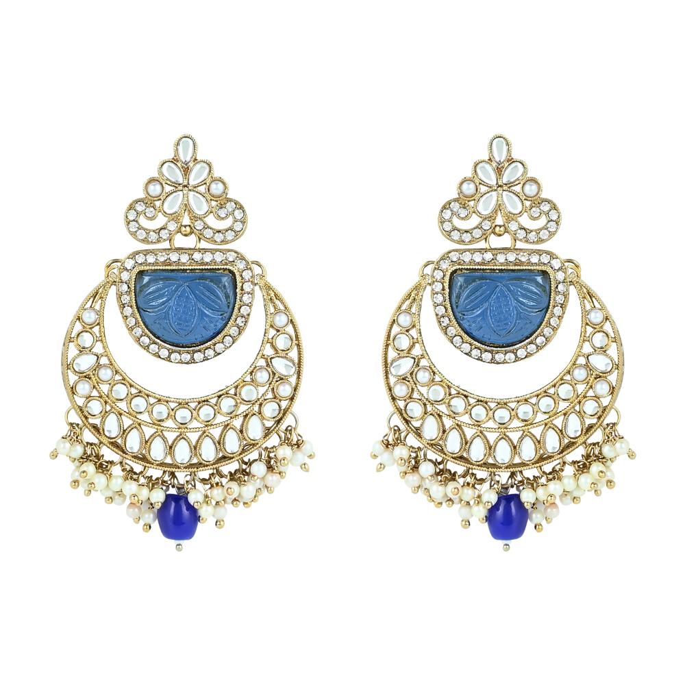 Etnico Gold Plated Traditional Pearl Kundan & Stone Studded Jewellery Necklace Set with Maang Tikka for Women (K7235) (Blue)