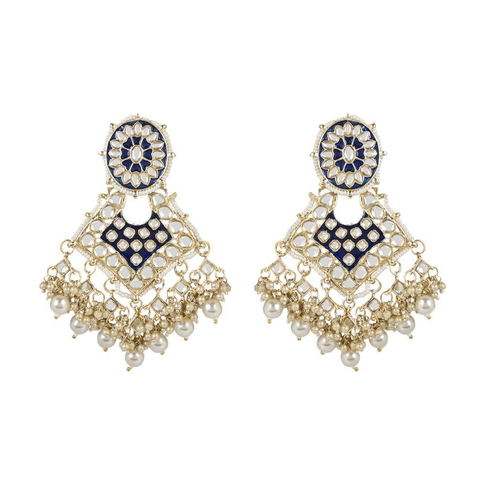 Etnico Gold Plated Traditional Pearl Kundan Studded Meenakari Necklace With Earring Maang Tikka Set For Women And Girls (K7244BL)