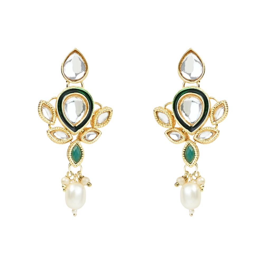 Etnico Gold Plated Traditional Pearl Kundan Studded Floral Necklace With Earring Maang Tikka Set For Women & Girls (K7249G)