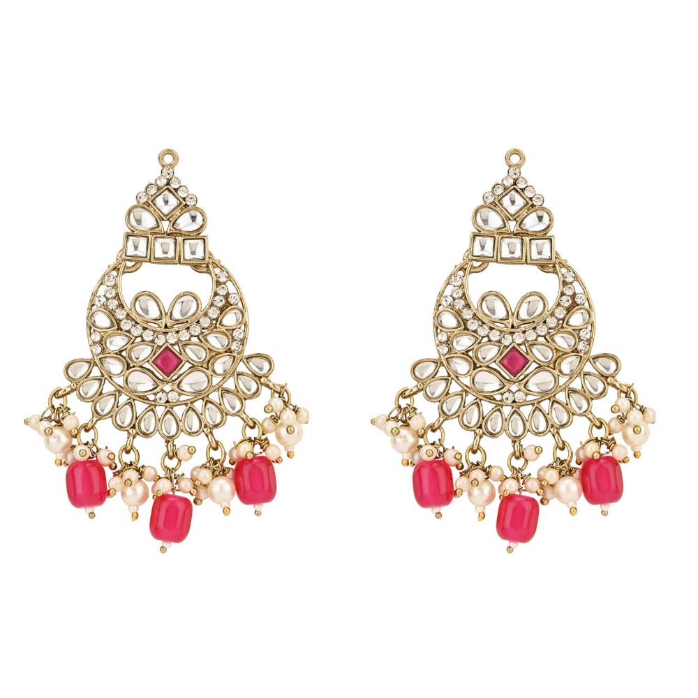 Etnico Gold Plated Traditional Kundan Pearl Hanging Choker Necklace Jewellery Set With Earrings & Maang Tikka For Women & Girls (K7252Pi)
