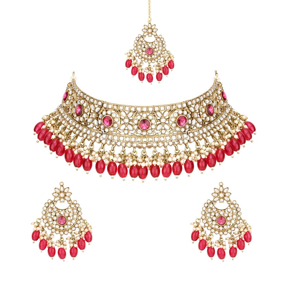 Traditional Gold Plated Kundan & Pearl Wedding Jewelry Set - Choker Necklace, Earrings & Maang Tikka For Women