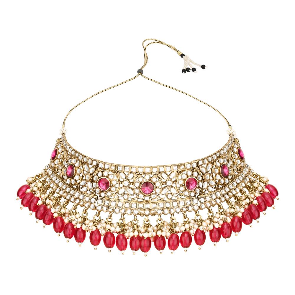 Etnico Gold Plated Traditional Kundan Pearl Hanging Choker Necklace Jewellery Set With Earrings & Maang Tikka For Women And Girls (K7255Q)