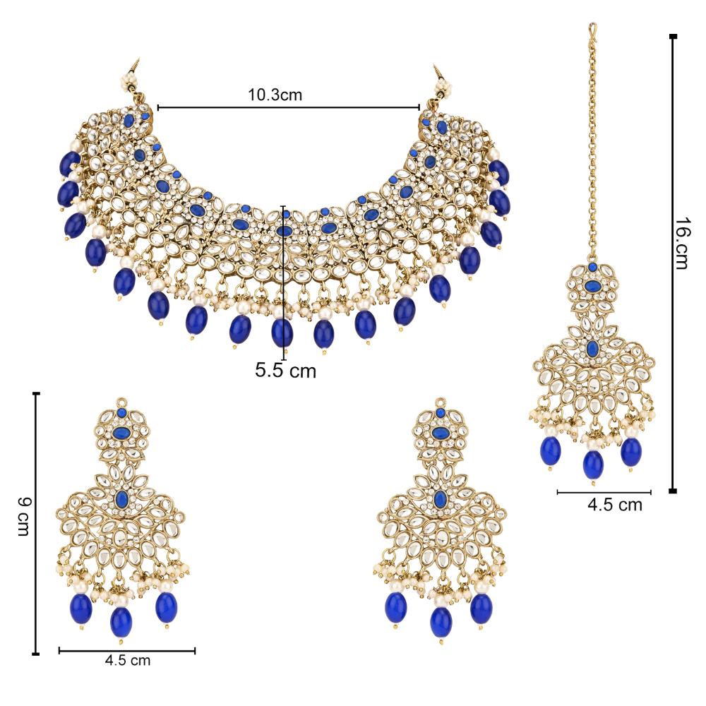 Etnico Gold Plated Traditional Kundan Pearl Drop Bridal Choker Necklace With Earrings & Maang Tikka Jewellery Set For Women/Girls (K7257Bl)