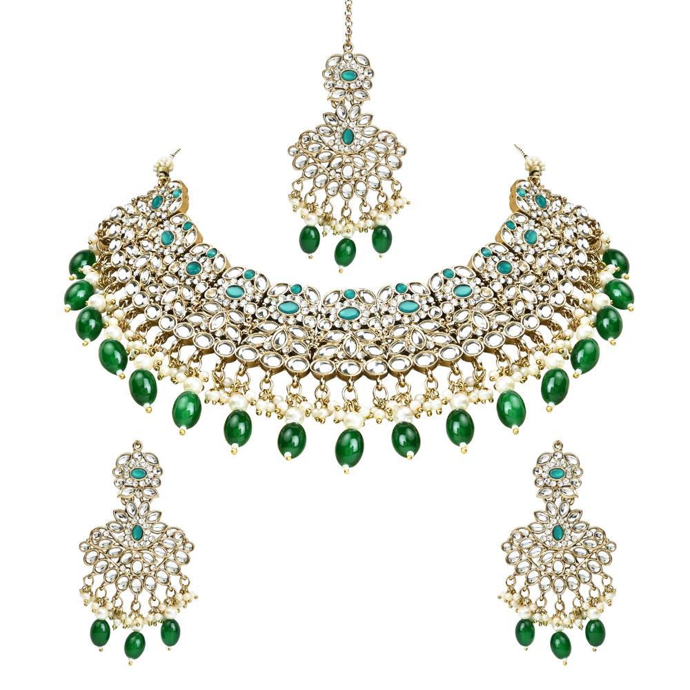 Etnico Gold Plated Traditional Kundan Pearl Drop Bridal Choker Necklace With Earrings & Maang Tikka Jewellery Set For Women/Girls (K7257G)