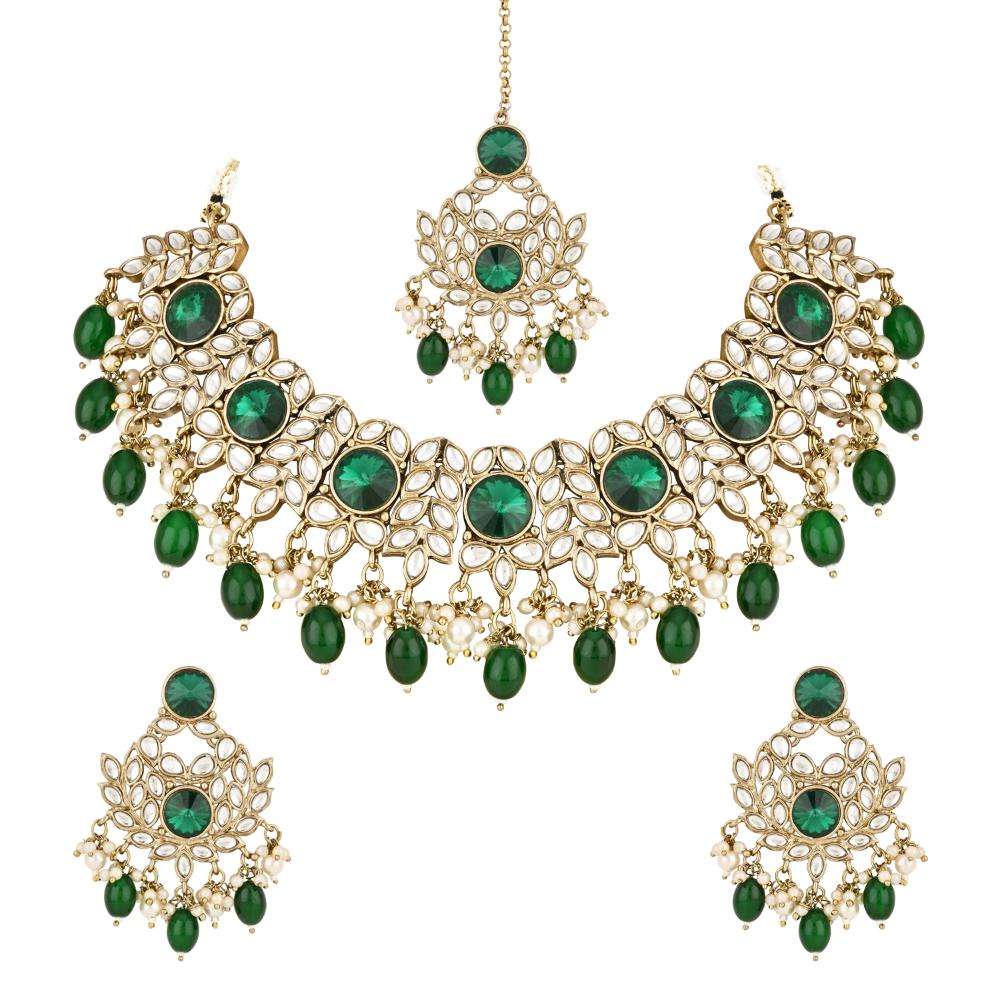 Etnico Gold Plated Traditional Kundan Pearl Drop Bridal Choker Necklace With Earrings & Maang Tikka Jewellery Set For Women/Girls (K7258G)