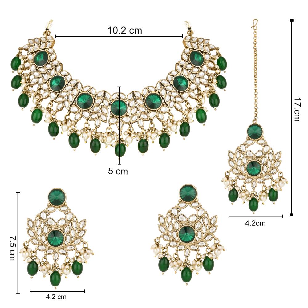 Etnico Gold Plated Traditional Kundan Pearl Drop Bridal Choker Necklace With Earrings & Maang Tikka Jewellery Set For Women/Girls (K7258G)