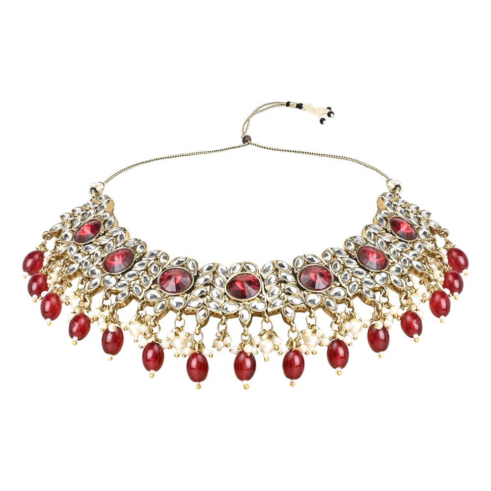 Etnico Gold Plated Traditional Kundan Pearl Drop Bridal Choker Necklace With Earrings & Maang Tikka Jewellery Set For Women/Girls (K7258M)