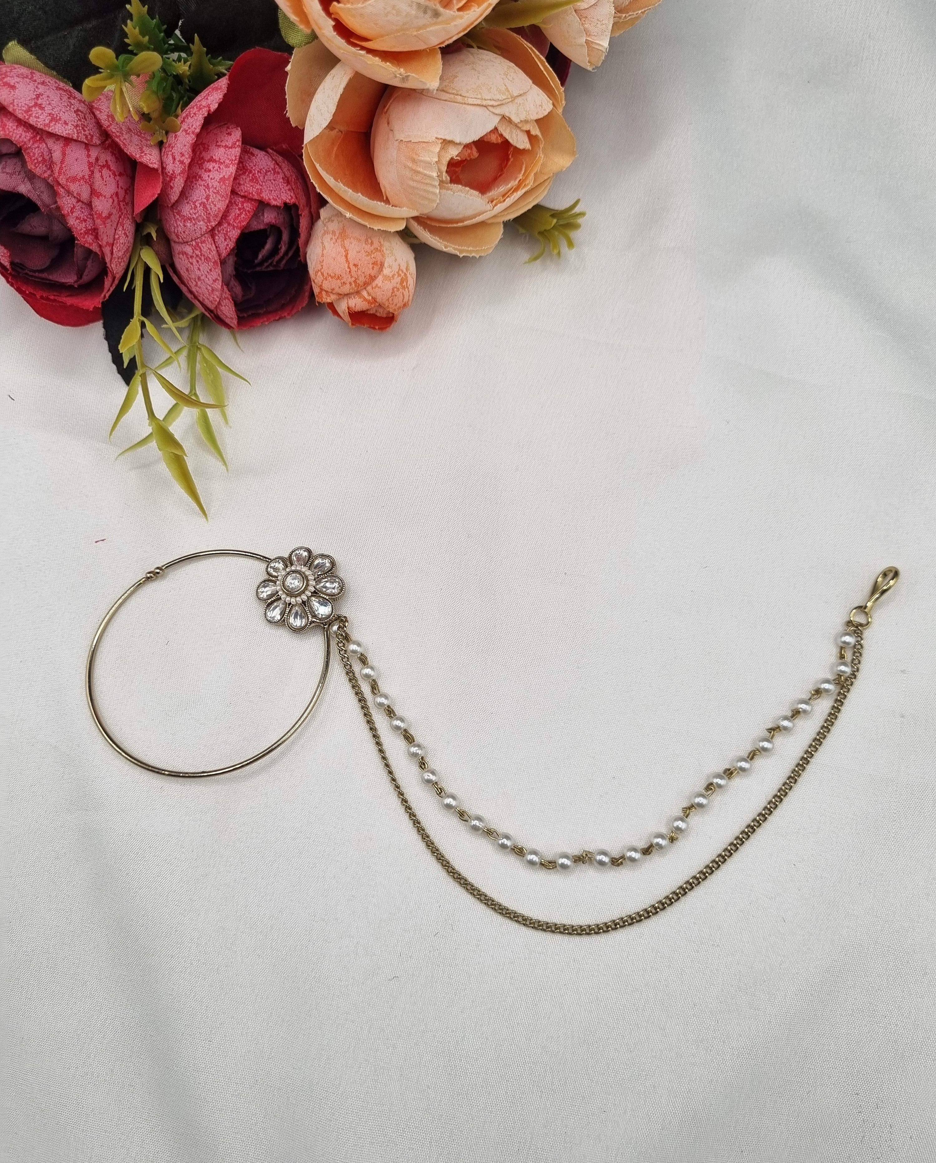 LAFZ Traditional Floral Stone Nath with Double Pearl Chain - KDNT4