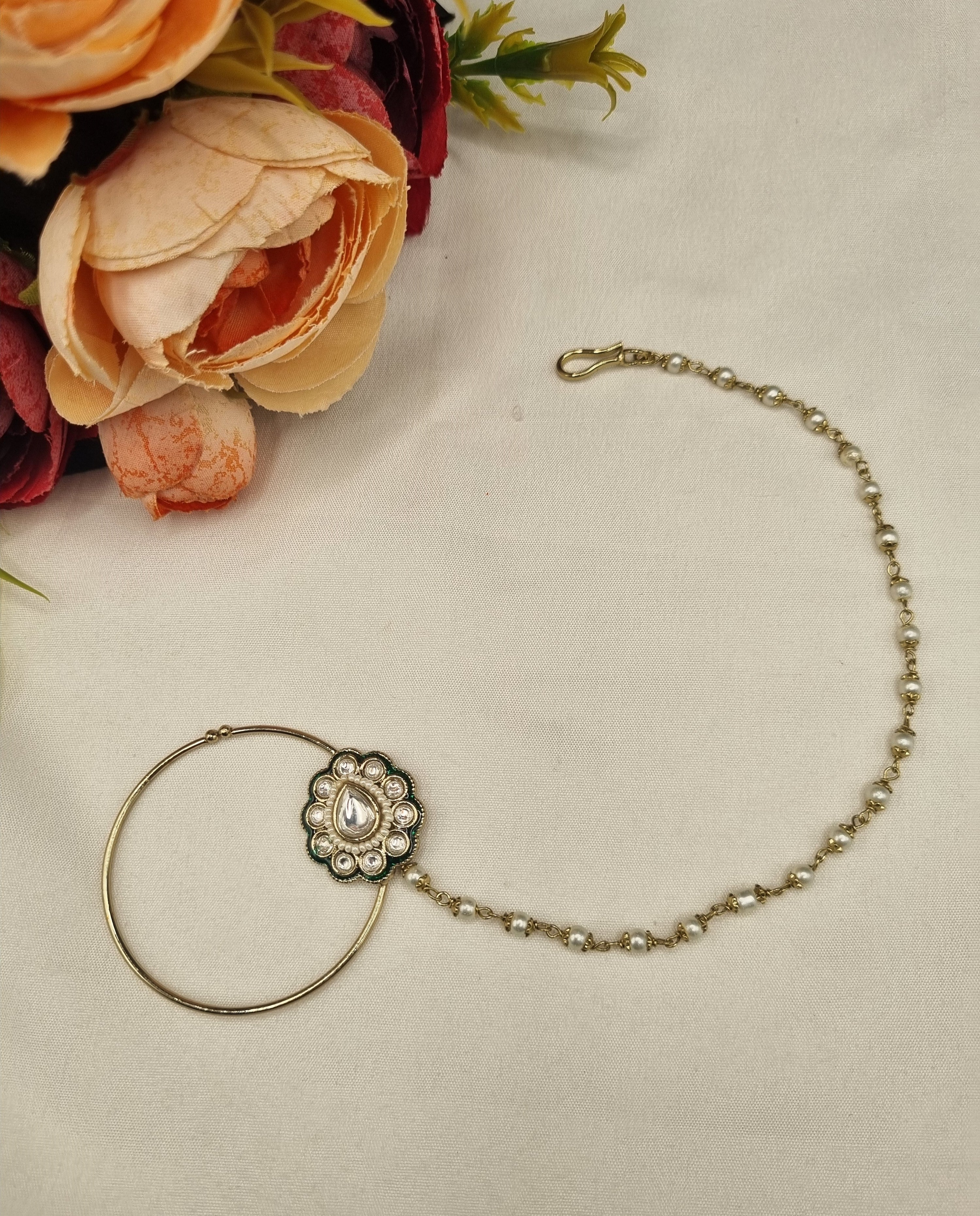 LAFZ Floral Cabochon Nath with Beaded Pearl Chain - KDNT7