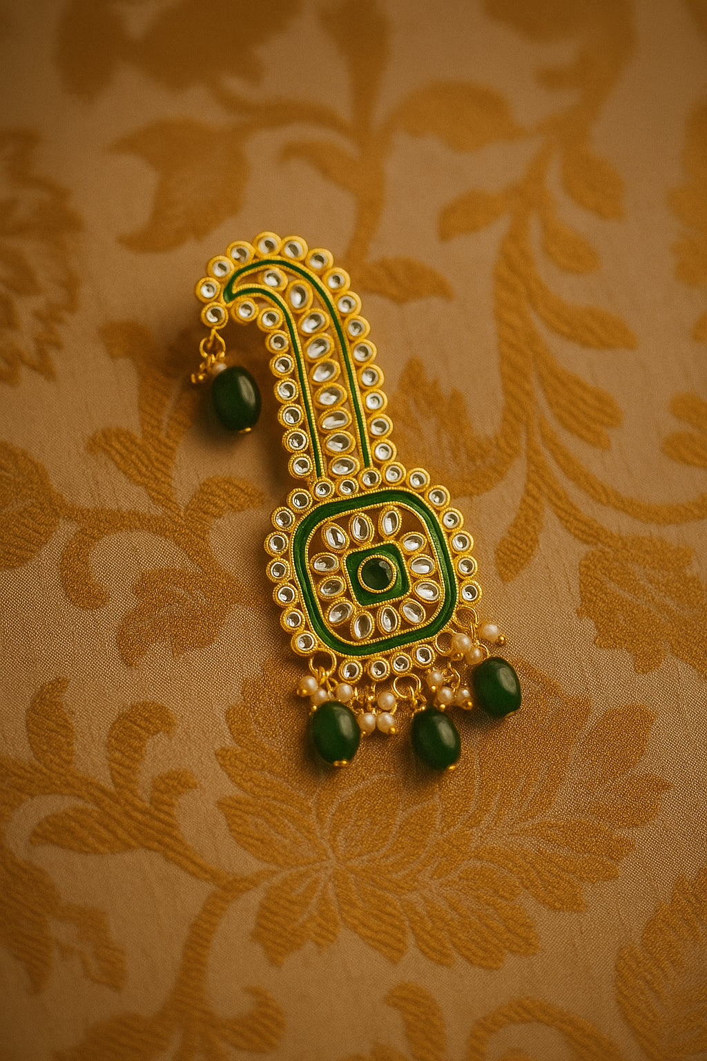 Mahi Royal Green Crystals Safa Kalangi for Groom | Traditional Wedding Sherwani Turban Brooch with Pearls & Beads (KL1001024G)