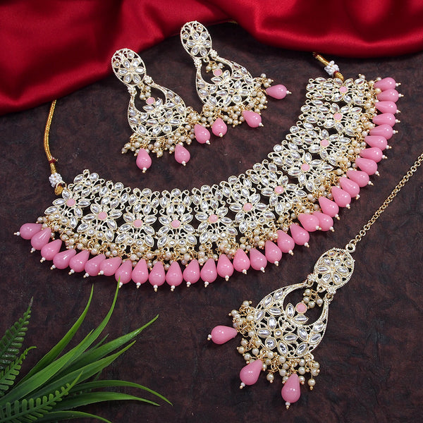 Lalso Lifestyle Silver Rhodium Plated Kundan Brass Necklace Jewelry Set