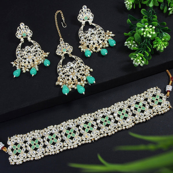 Lalso Lifestyle Designer Kundan Pearl Choker Jewellery Necklace Set With Maangtika