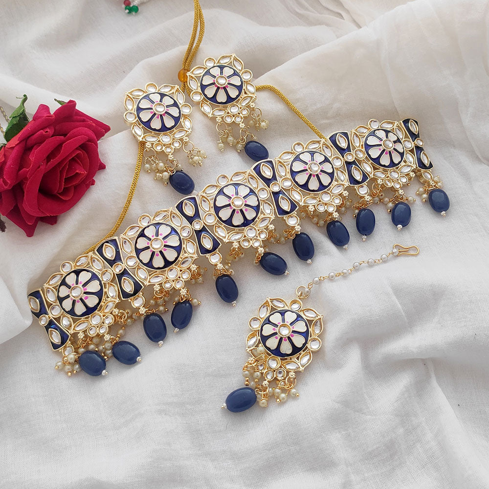 Lalso Partywear Green Meenakari Kundan Choker Necklace Earrings