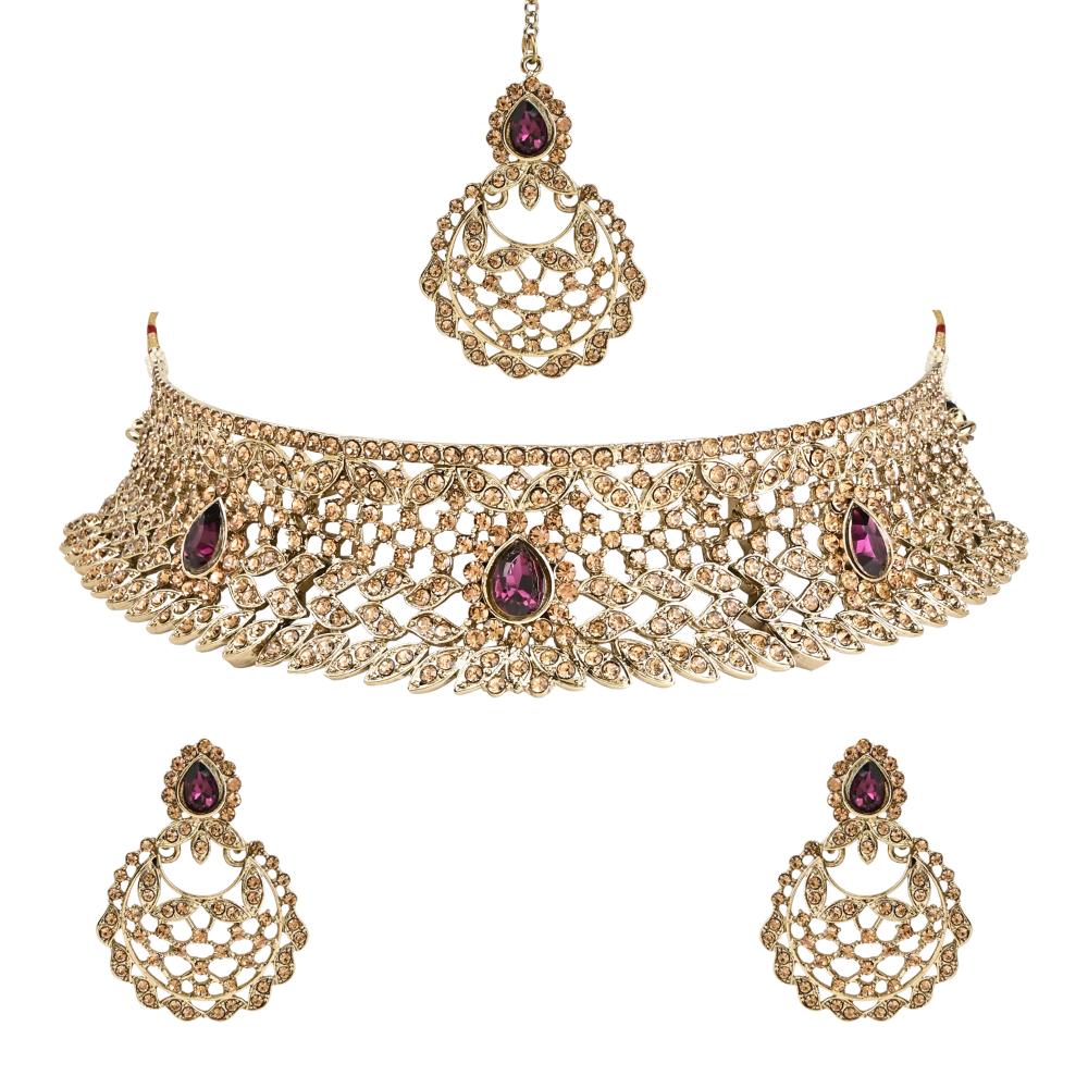 Etnico Gold Plated Traditional Design Stone Work Choker Necklace Jewellery Set With Earring & Maang Tikka For Women/Girls (M4170FLWi)