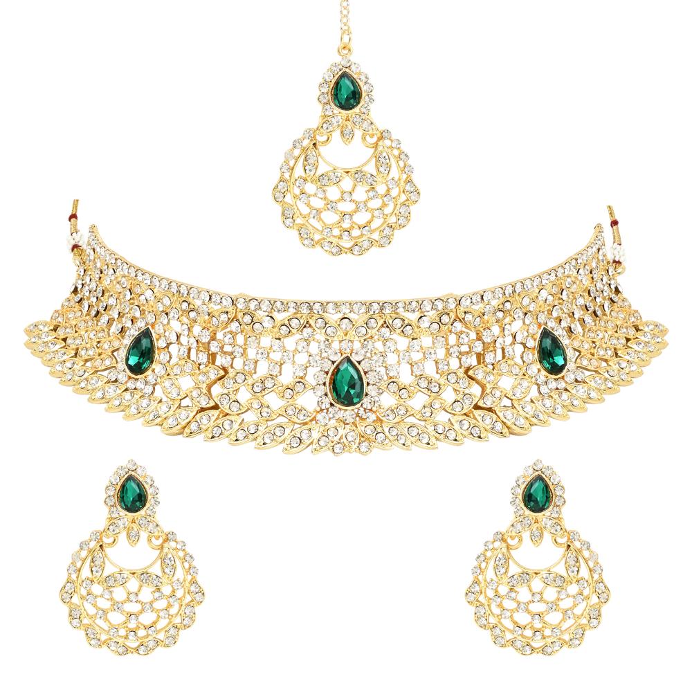 Etnico Gold Plated Traditional Design Stone Work Choker Necklace Jewellery Set With Earring & Maang Tikka For Women/Girls (M4170WG)