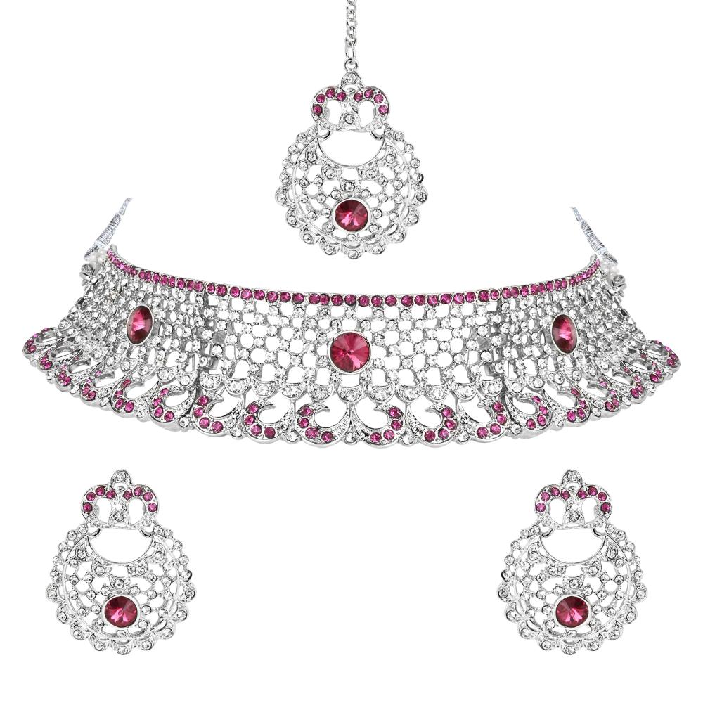 Etnico Silver Plated Traditional Design Stone Work Choker Necklace Jewellery Set With Earring & Maang Tikka For Women/Girls (M4171ZWi)