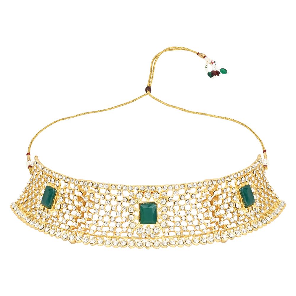 Etnico Gold Plated Traditional Design Stone Work Choker Necklace Jewellery Set With & Maang Tikka For Women/Girls (M4172WG)
