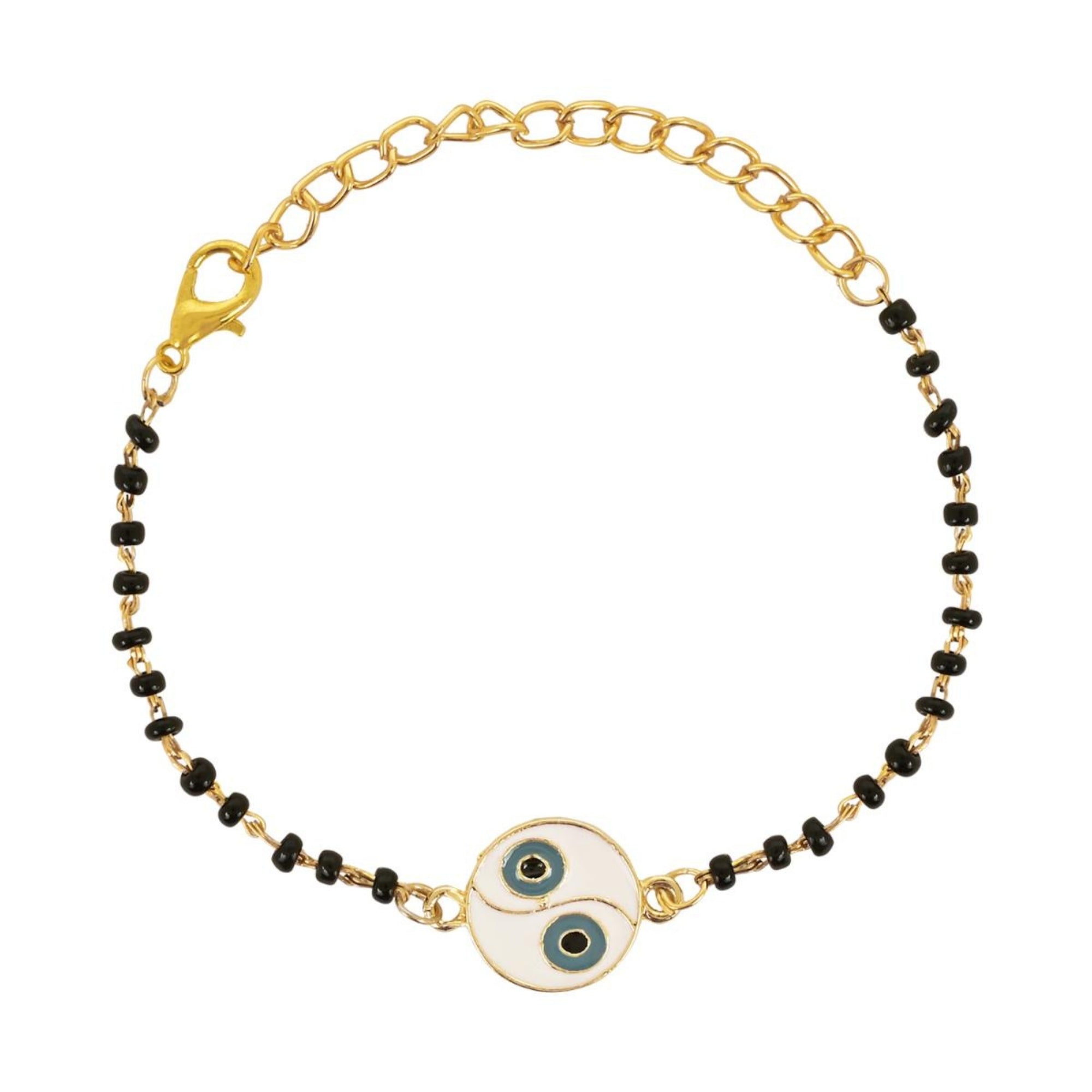 Etnico Gold Plated Traditional Adjustable Black Beads Mangalsutra Bracelet with White Pendant for Women (MB001B)