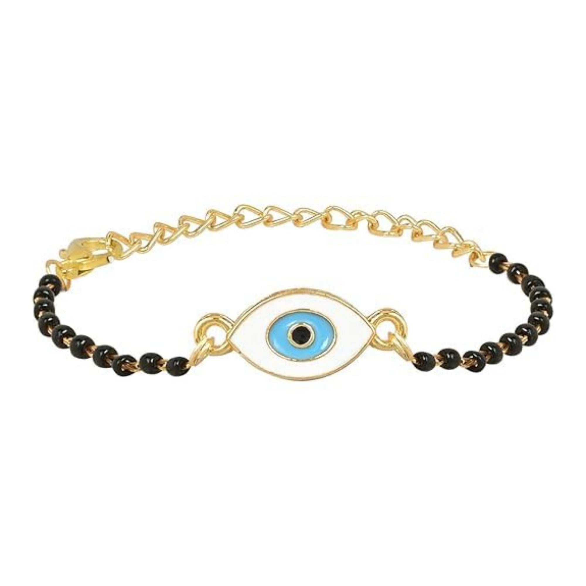 Etnico Gold Plated Traditional Adjustable Black Beads Mangalsutra Bracelet with White Pendant for Women (MB002B)