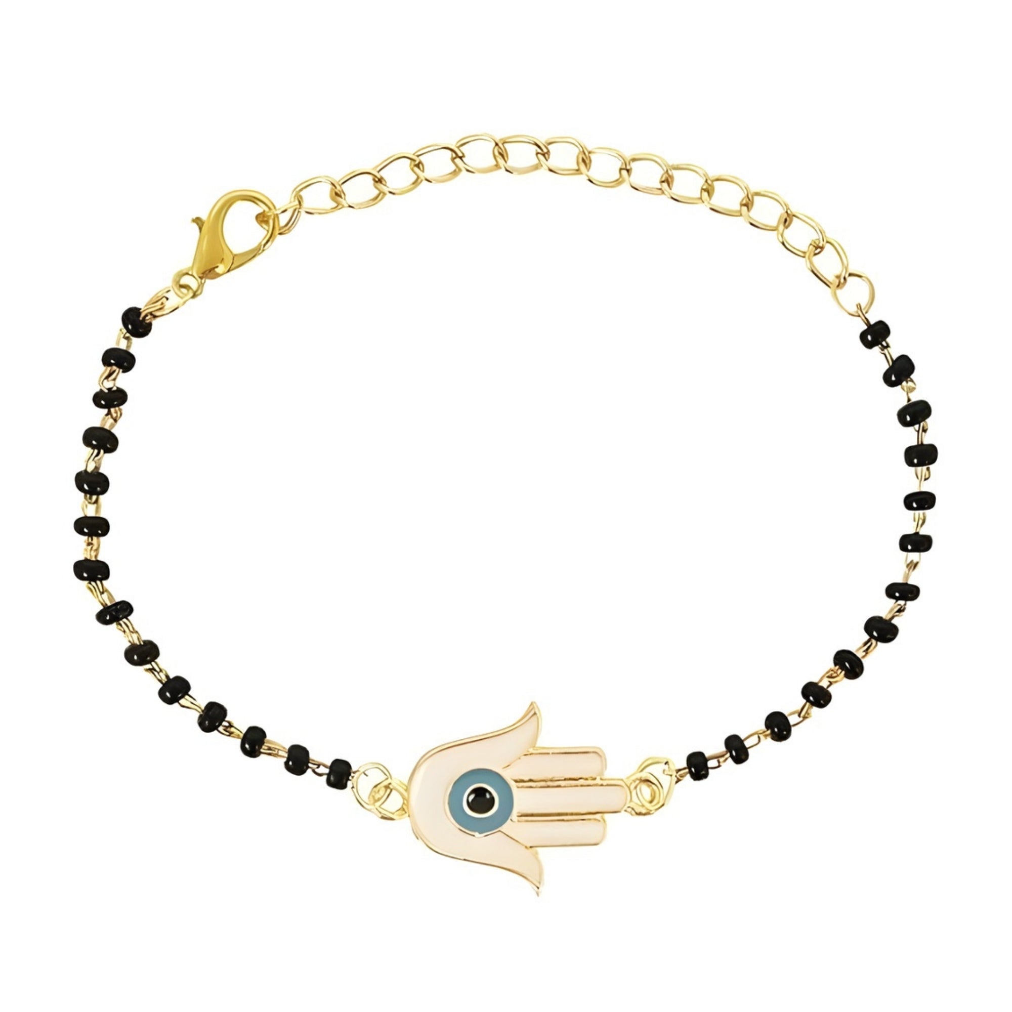 Etnico Gold Plated Traditional Adjustable Black Beads Mangalsutra Bracelet with White Pendant for Women (MB003B)