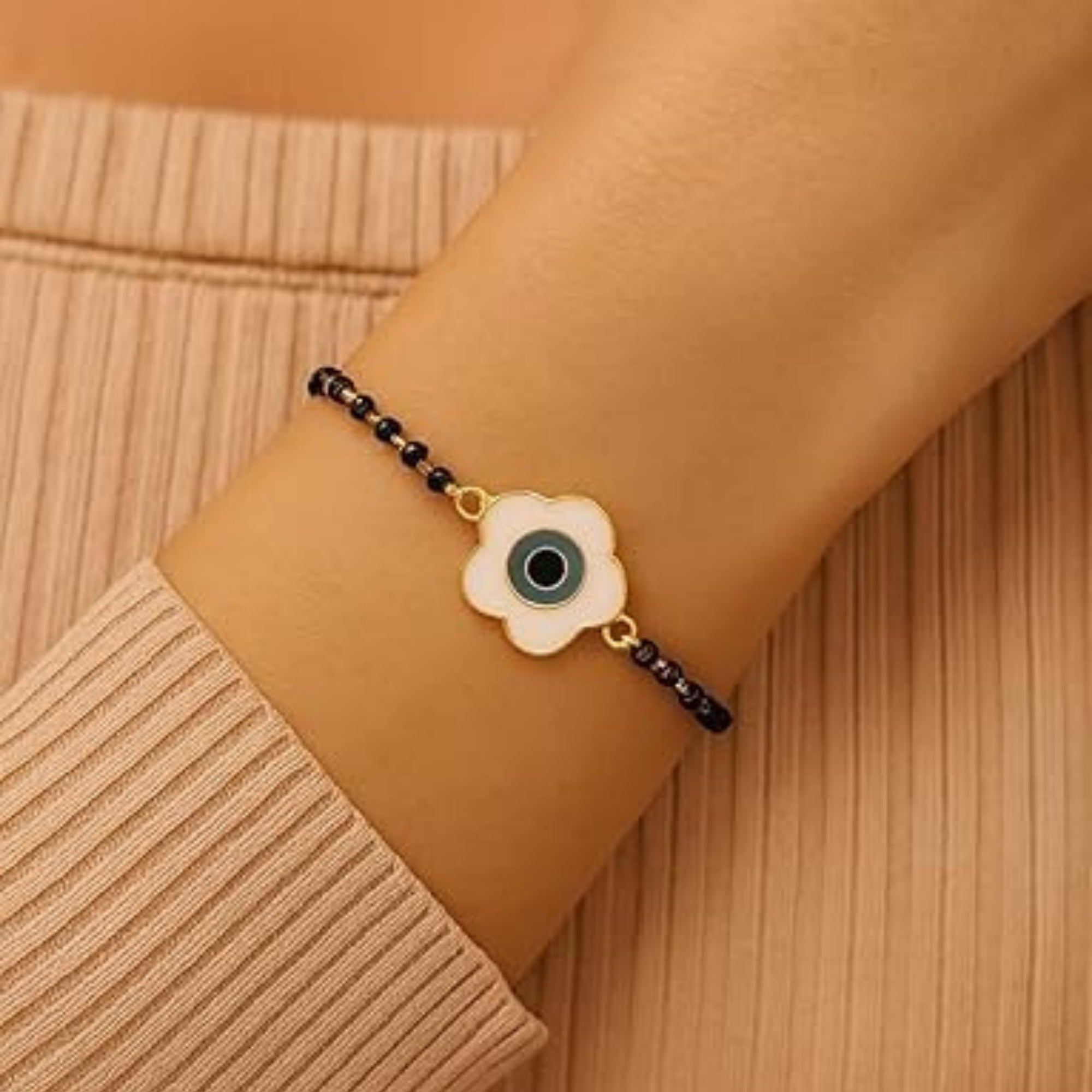 Etnico Gold Plated Traditional Adjustable Black Beads Mangalsutra Bracelet with White Pendant for Women (MB004B)