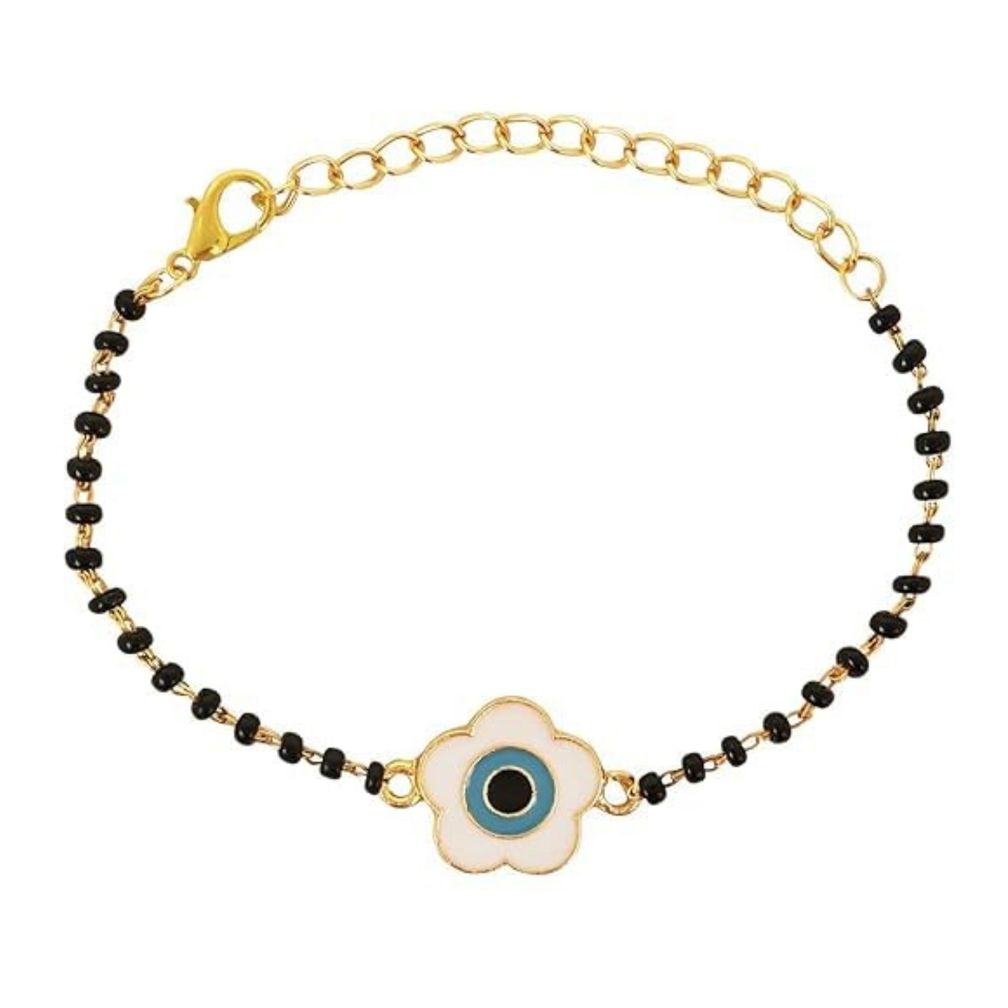 Etnico Gold Plated Traditional Adjustable Black Beads Mangalsutra Bracelet with White Pendant for Women (MB004B)