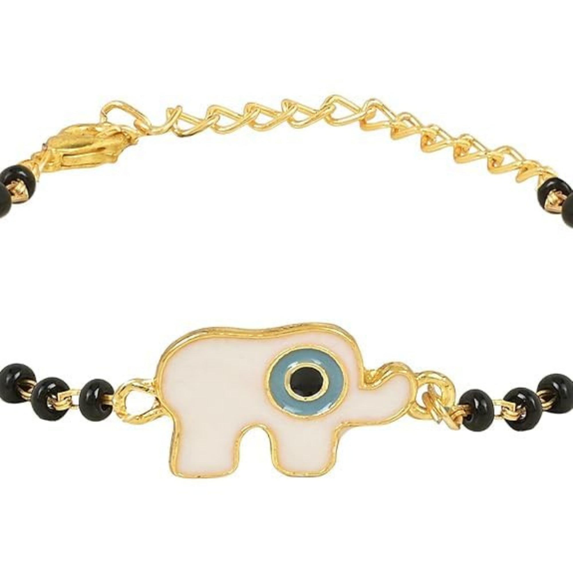 Etnico Gold Plated Traditional Adjustable Black Beads Mangalsutra Bracelet with White Pendant for Women (MB006G)