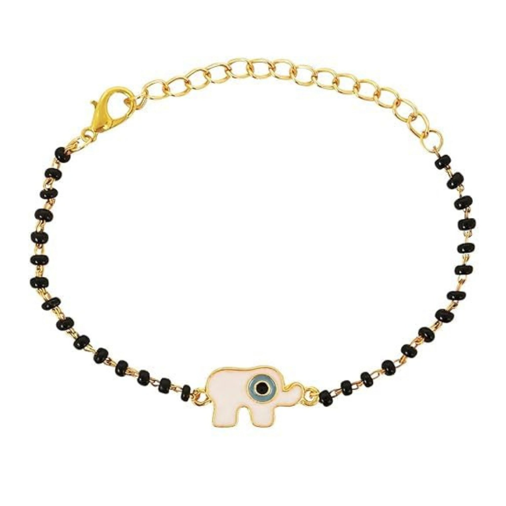 Etnico Gold Plated Traditional Adjustable Black Beads Mangalsutra Bracelet with White Pendant for Women (MB006G)