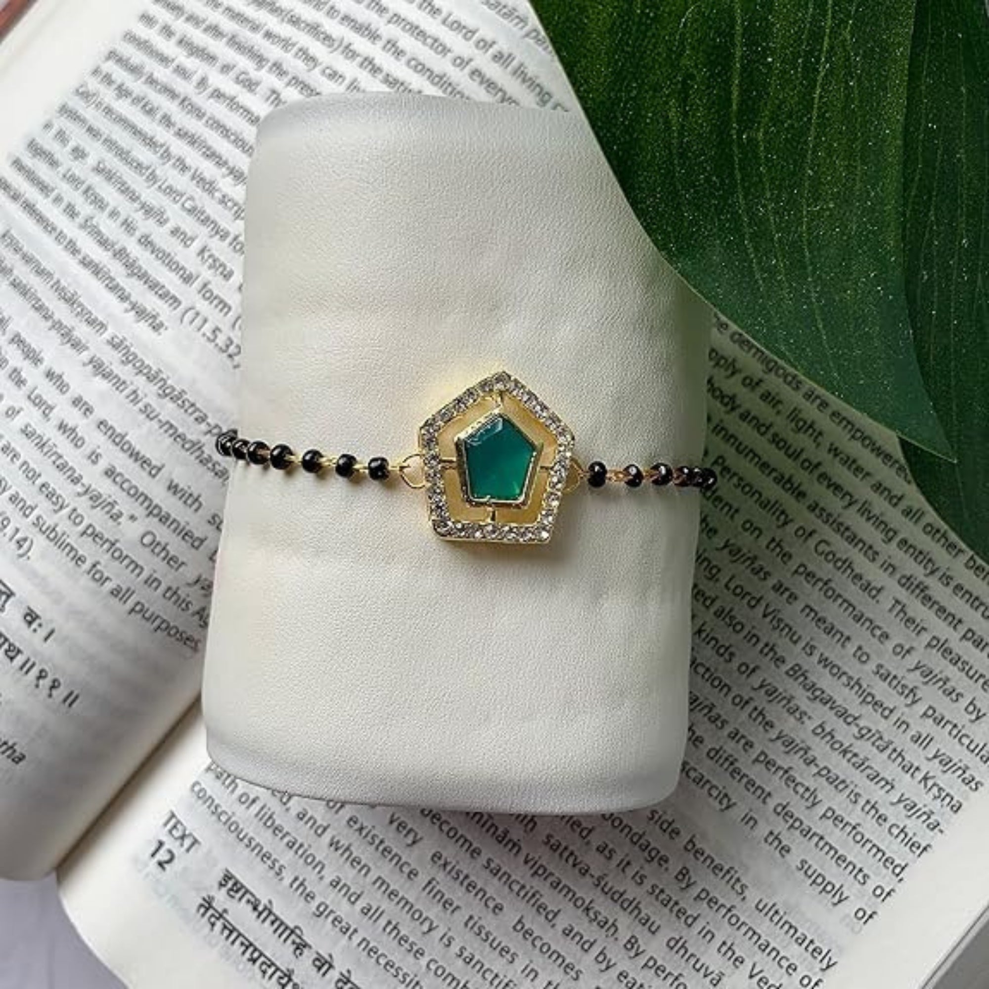 Etnico Gold Plated Traditional Adjustable Black Beads Mangalsutra Bracelet with White Pendant for Women (MB007G)