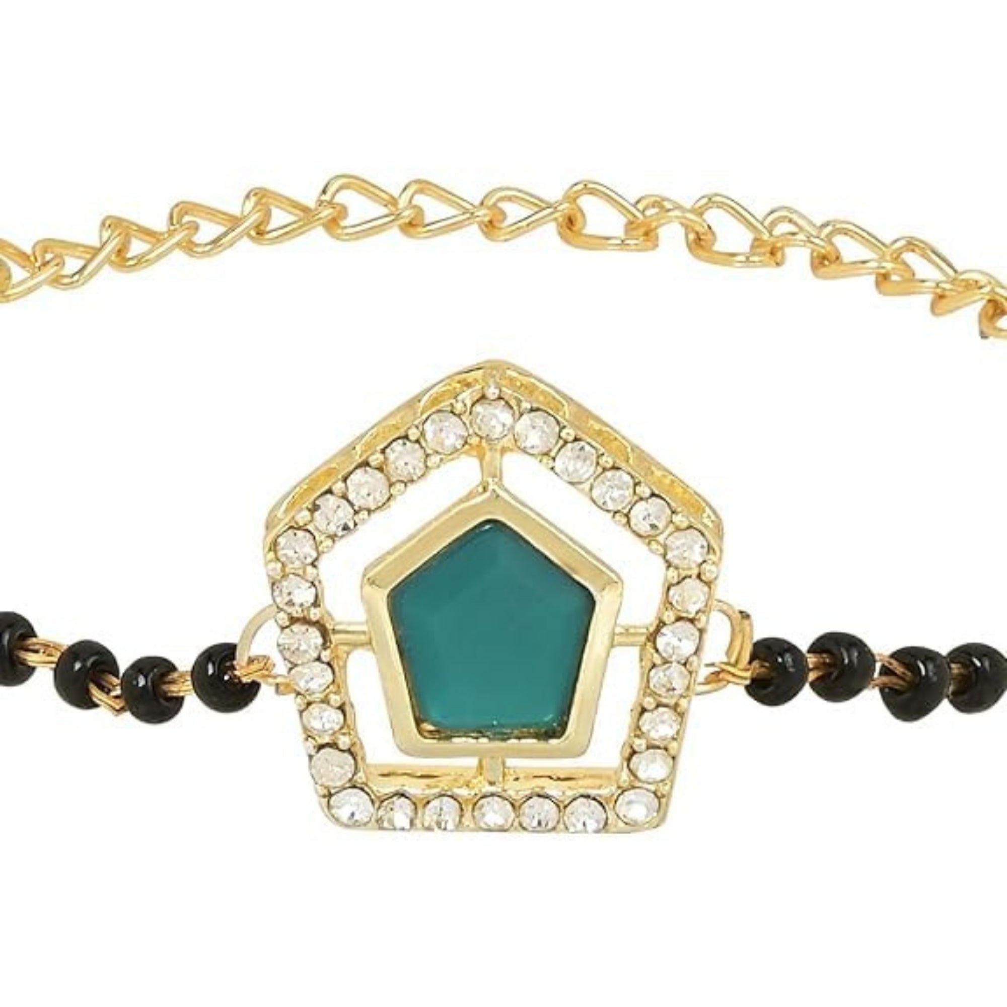 Etnico Gold Plated Traditional Adjustable Black Beads Mangalsutra Bracelet with White Pendant for Women (MB007G)
