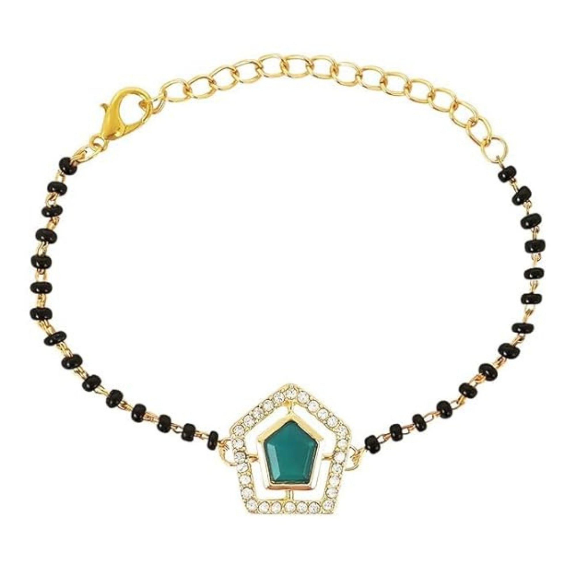 Etnico Gold Plated Traditional Adjustable Black Beads Mangalsutra Bracelet with White Pendant for Women (MB007G)
